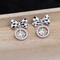 [A14] S925 Silver Checkerboard Earrings Bow Pearl Earrings Suitable for 7-8mm Pearl（without pearl））