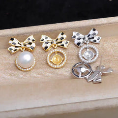 [A14] S925 Silver Checkerboard Earrings Bow Pearl Earrings Suitable for 7-8mm Pearl（without pearl））