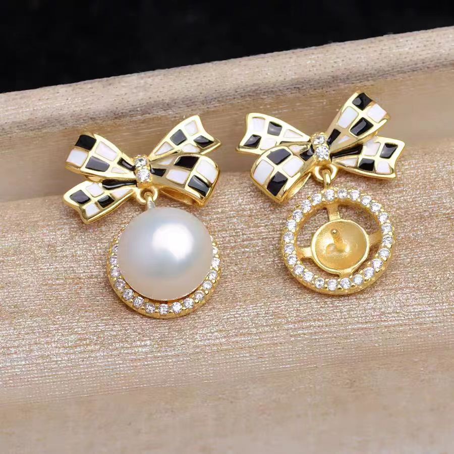 [A14] S925 Silver Checkerboard Earrings Bow Pearl Earrings Suitable for 7-8mm Pearl（without pearl））